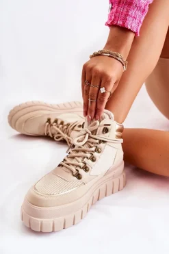 Damskie Boto Modne Damskie Botki Na Platformie Beżowe Magnific
