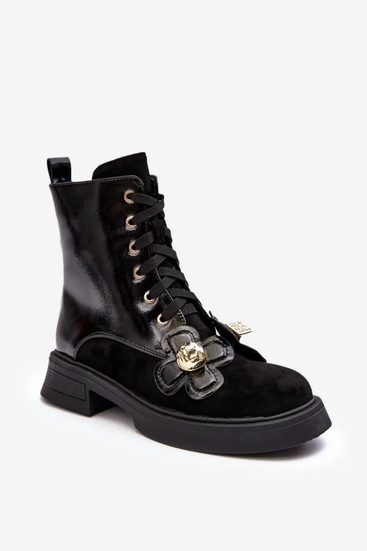 New Damskie buty S.Barski Modne Damskie Botki Na Suwak Z Ozdobami D&A MR870-76 Czarne Czarny