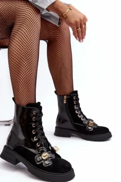New Damskie buty S.Barski Modne Damskie Botki Na Suwak Z Ozdobami D&A MR870-76 Czarne Czarny