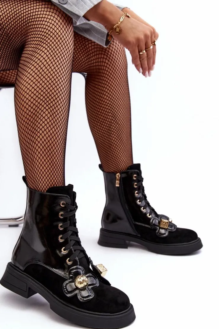 New Damskie buty S.Barski Modne Damskie Botki Na Suwak Z Ozdobami D&A MR870-76 Czarne Czarny