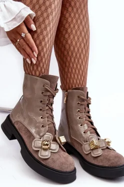 Damskie buty S.Barski Botki Ocieplane|Botki Sznurowane*Modne Damskie Botki Na Suwak Z Ozdobami D&A MR870-76 Szaro-Brązowe Szary