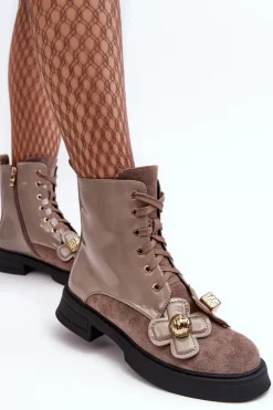 Damskie buty S.Barski Botki Ocieplane|Botki Sznurowane*Modne Damskie Botki Na Suwak Z Ozdobami D&A MR870-76 Szaro-Brązowe Szary
