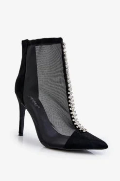 Boto Czarne Botki|Botki Na Obcasie*Modne Damskie Botki Na Szpilce Z Siateczką Czarne Rummi