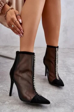 Boto Czarne Botki|Botki Na Obcasie*Modne Damskie Botki Na Szpilce Z Siateczką Czarne Rummi