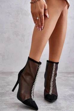 Boto Czarne Botki|Botki Na Obcasie*Modne Damskie Botki Na Szpilce Z Siateczką Czarne Rummi