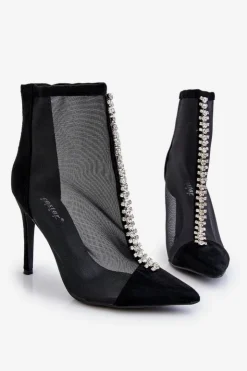 Boto Czarne Botki|Botki Na Obcasie*Modne Damskie Botki Na Szpilce Z Siateczką Czarne Rummi