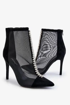 Boto Czarne Botki|Botki Na Obcasie*Modne Damskie Botki Na Szpilce Z Siateczką Czarne Rummi