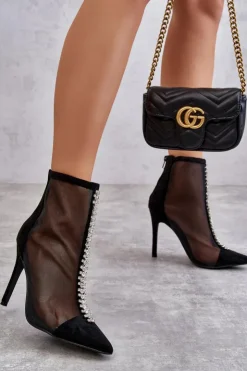 Boto Czarne Botki|Botki Na Obcasie*Modne Damskie Botki Na Szpilce Z Siateczką Czarne Rummi