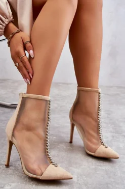 Boto Czarne Botki|Botki Na Obcasie*Modne Damskie Botki Na Szpilce Z Siateczką Beżowe Rummi