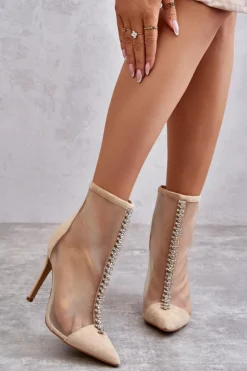 Boto Czarne Botki|Botki Na Obcasie*Modne Damskie Botki Na Szpilce Z Siateczką Beżowe Rummi