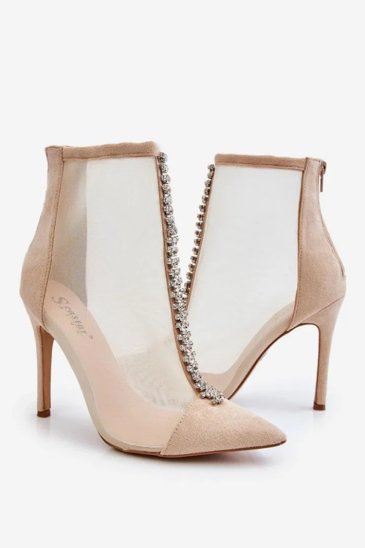 Boto Czarne Botki|Botki Na Obcasie*Modne Damskie Botki Na Szpilce Z Siateczką Beżowe Rummi