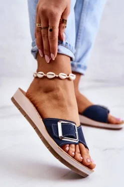 Best INBLU Modne Damskie Klapki Ze Sprzączką CP000031 Granatowe