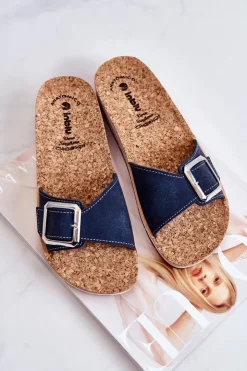 Best INBLU Modne Damskie Klapki Ze Sprzączką CP000031 Granatowe