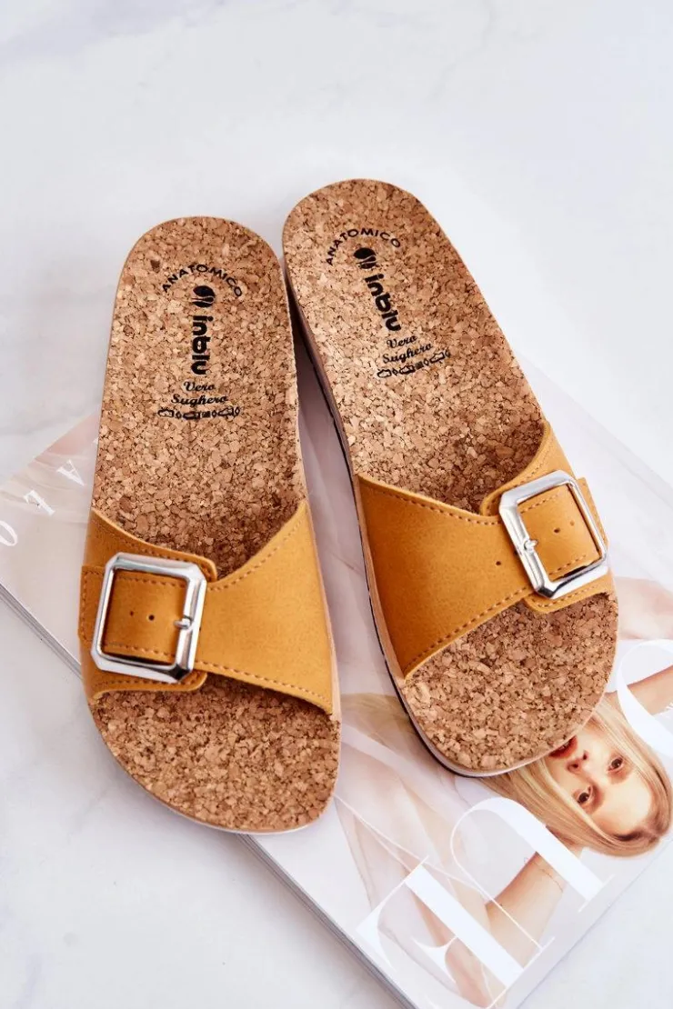 INBLU Modne Damskie Klapki Ze Sprzączką CP000031 Żółte