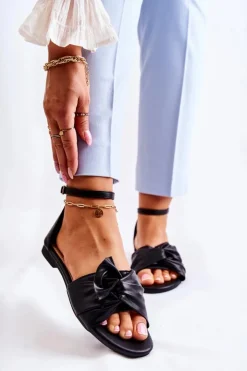 Damskie Evento Modne Damskie Skórzane Sandały Czarne Astana