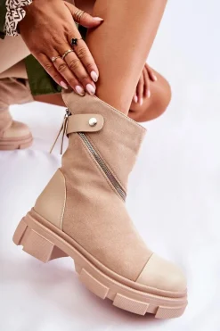 Damskie Boto Modne Damskie Zamszowe Botki Na Suwak Beżowe Kandell