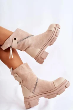 Damskie Boto Modne Damskie Zamszowe Botki Na Suwak Beżowe Kandell