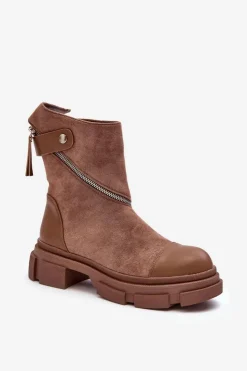 Online Boto Modne Damskie Zamszowe Botki Na Suwak Ciemnobeżowe Kandell Beżowy