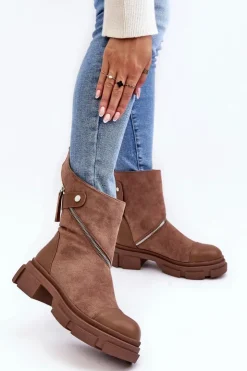 Online Boto Modne Damskie Zamszowe Botki Na Suwak Ciemnobeżowe Kandell Beżowy