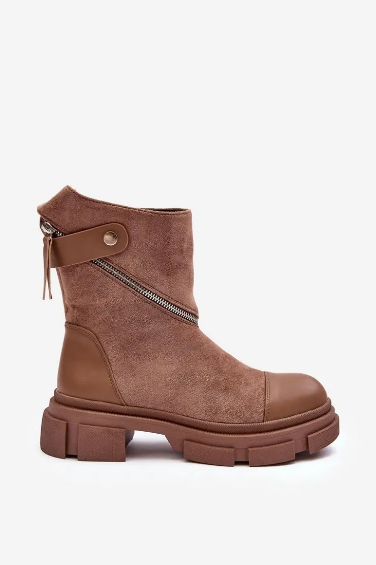 Online Boto Modne Damskie Zamszowe Botki Na Suwak Ciemnobeżowe Kandell Beżowy