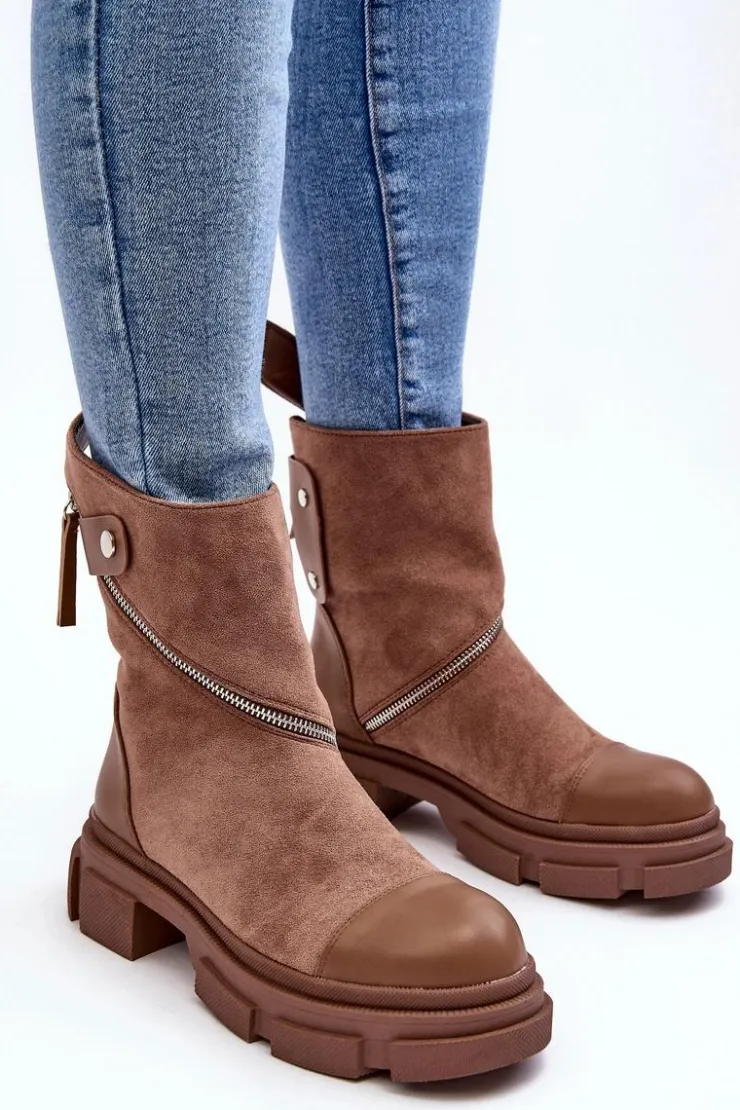 Online Boto Modne Damskie Zamszowe Botki Na Suwak Ciemnobeżowe Kandell Beżowy