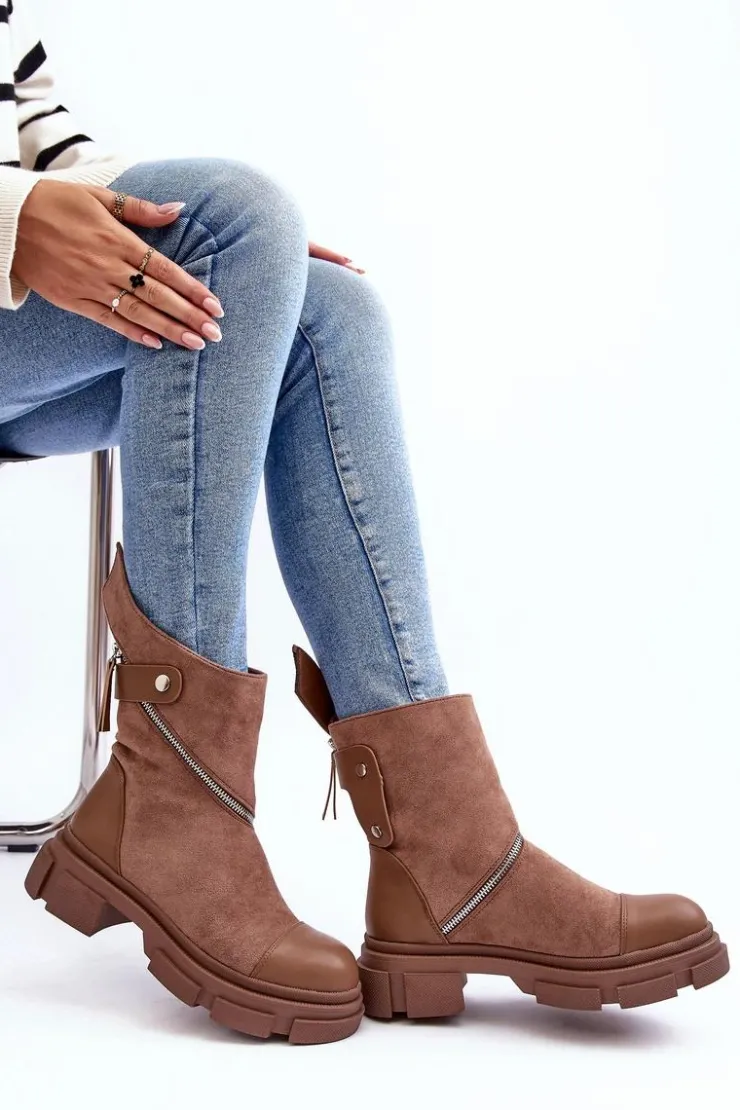 Online Boto Modne Damskie Zamszowe Botki Na Suwak Ciemnobeżowe Kandell Beżowy