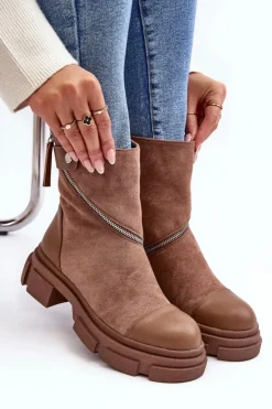 Online Boto Modne Damskie Zamszowe Botki Na Suwak Ciemnobeżowe Kandell Beżowy