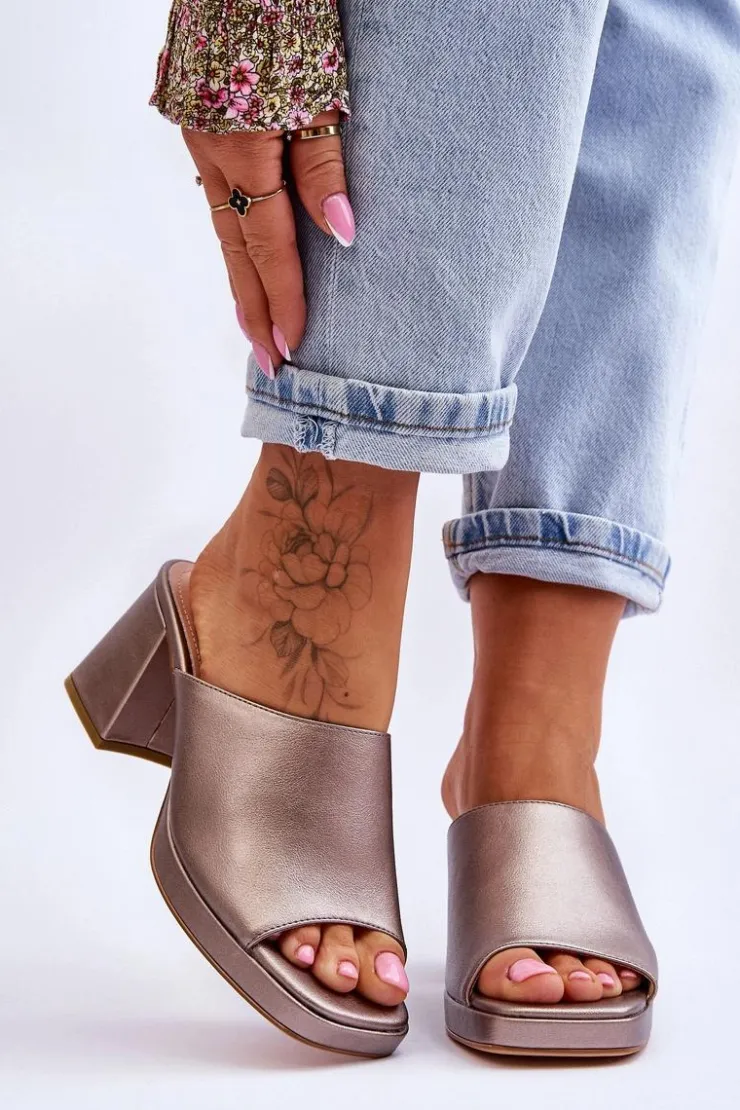 Damskie Buty Sergio Leone Modne Klapki Na Obcasie Sergio Leone KL322 Ciemnosrebrne