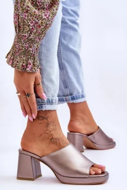 Damskie Buty Sergio Leone Modne Klapki Na Obcasie Sergio Leone KL322 Ciemnosrebrne