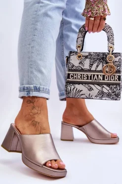 Damskie Buty Sergio Leone Modne Klapki Na Obcasie Sergio Leone KL322 Ciemnosrebrne