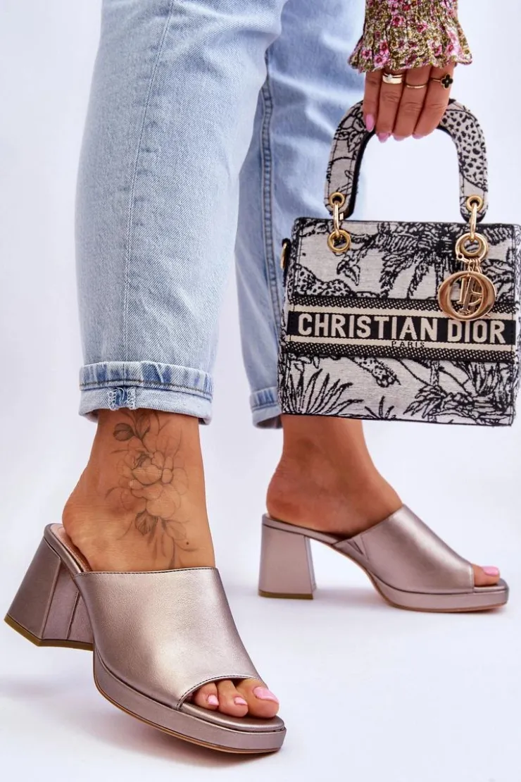 Damskie Buty Sergio Leone Modne Klapki Na Obcasie Sergio Leone KL322 Ciemnosrebrne