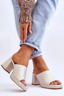 Buty Sergio Leone Klapki Na Obcasie*Modne Klapki Na Obcasie Sergio Leone KL322 Perłowe