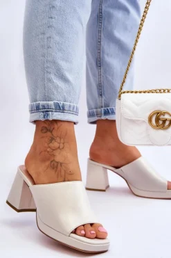 Buty Sergio Leone Klapki Na Obcasie*Modne Klapki Na Obcasie Sergio Leone KL322 Perłowe