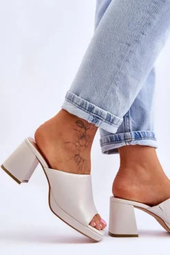 Buty Sergio Leone Klapki Na Obcasie*Modne Klapki Na Obcasie Sergio Leone KL322 Perłowe