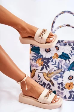 Damskie Damskie buty S.Barski Modne Klapki Z Łańcuchem Beżowe Megosa