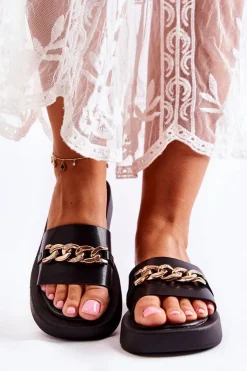 Damskie Damskie buty S.Barski Modne Klapki Z Łańcuchem Czarne Megosa