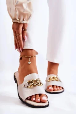 Damskie buty S.Barski Klapki Damskie Klasyczne*Modne Klapki Z Łańcuchem Na Płaskim Obcasie Złote Finess