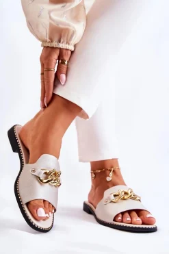 Damskie buty S.Barski Klapki Damskie Klasyczne*Modne Klapki Z Łańcuchem Na Płaskim Obcasie Złote Finess