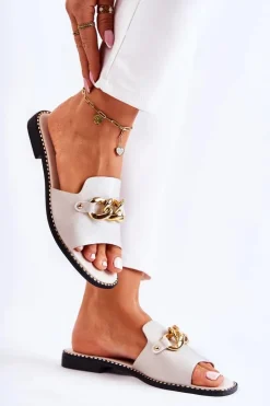 Damskie buty S.Barski Klapki Damskie Klasyczne*Modne Klapki Z Łańcuchem Na Płaskim Obcasie Złote Finess