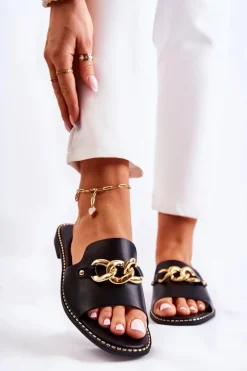 Damskie buty S.Barski Klapki Damskie Klasyczne*Modne Klapki Z Łańcuchem Na Płaskim Obcasie Czarne Finess