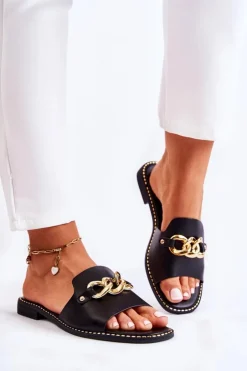 Damskie buty S.Barski Klapki Damskie Klasyczne*Modne Klapki Z Łańcuchem Na Płaskim Obcasie Czarne Finess