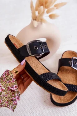 Damskie Big Star Shoes Modne Klapki Ze Sprzączką Big Star JJ274730 Czarne