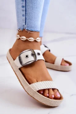 Damskie Big Star Shoes Modne Klapki Ze Sprzączką Big Star JJ274729 Białe