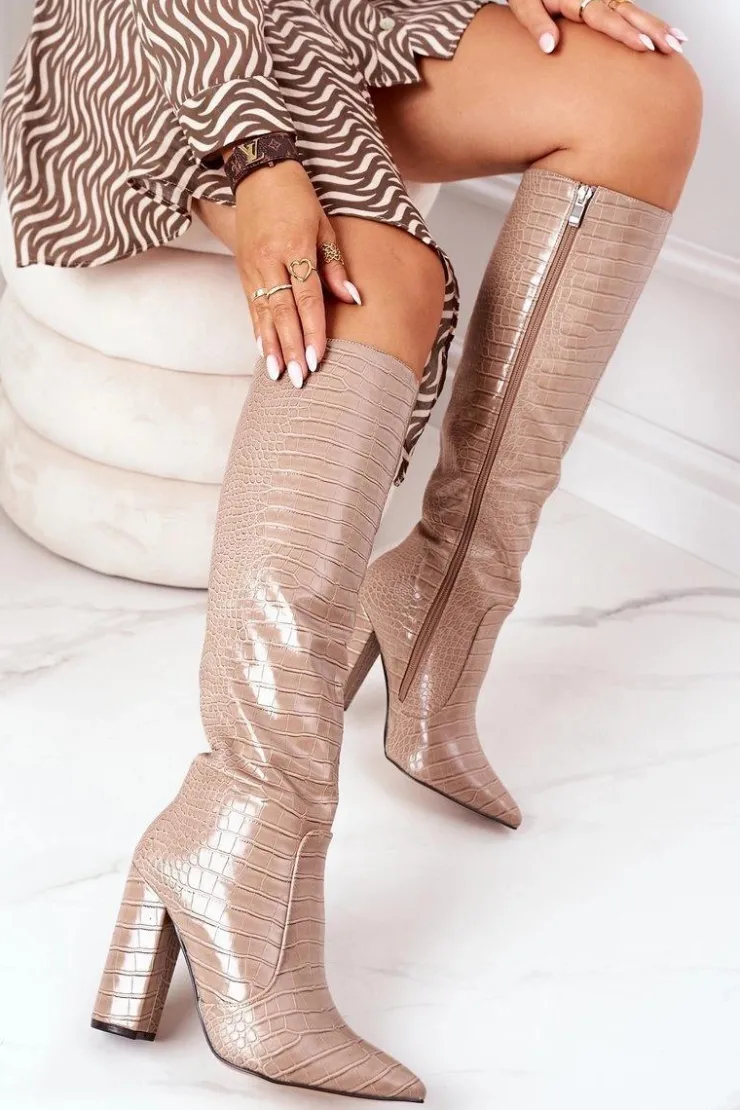 Boto Kozaki Wiosenne|Kozaki Za Kolano*Modne Kozaki Na Słupku Ciemnobeżowe Constancy