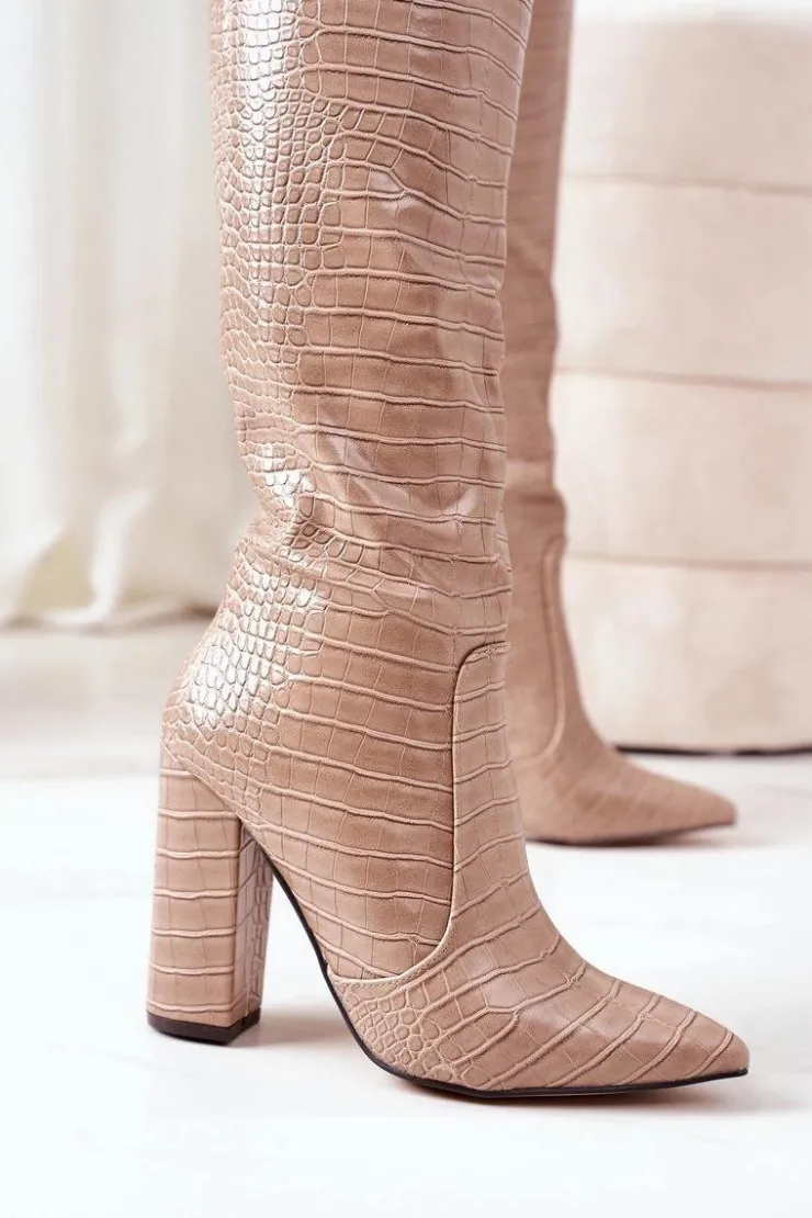 Boto Kozaki Wiosenne|Kozaki Za Kolano*Modne Kozaki Na Słupku Ciemnobeżowe Constancy