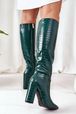 Boto Kozaki Wiosenne|Kozaki Przed Kolano*Modne Kozaki Na Słupku Zielone Constancy