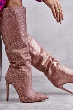 New Boto Modne Kozaki Na Szpilce Z Cyrkoniami Różowe Lovisa Różowy