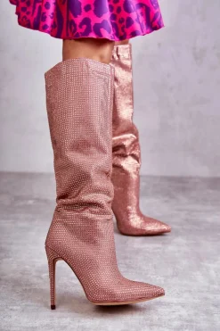 New Boto Modne Kozaki Na Szpilce Z Cyrkoniami Różowe Lovisa Różowy