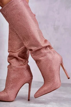 New Boto Modne Kozaki Na Szpilce Z Cyrkoniami Różowe Lovisa Różowy