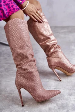 New Boto Modne Kozaki Na Szpilce Z Cyrkoniami Różowe Lovisa Różowy